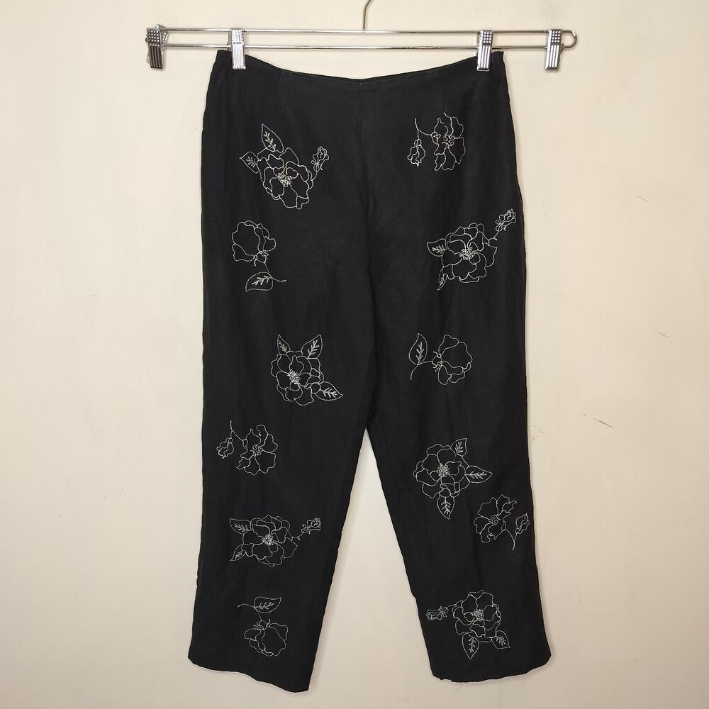 Jillian Jones Pants Floral Embroidered Linen Blend Cropped
